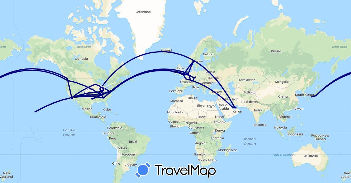 TravelMap itinerary: driving in United Arab Emirates, Canada, Switzerland, Czech Republic, Germany, France, United Kingdom, Ireland, Japan, Netherlands, Norway, Qatar, United States (Asia, Europe, North America)